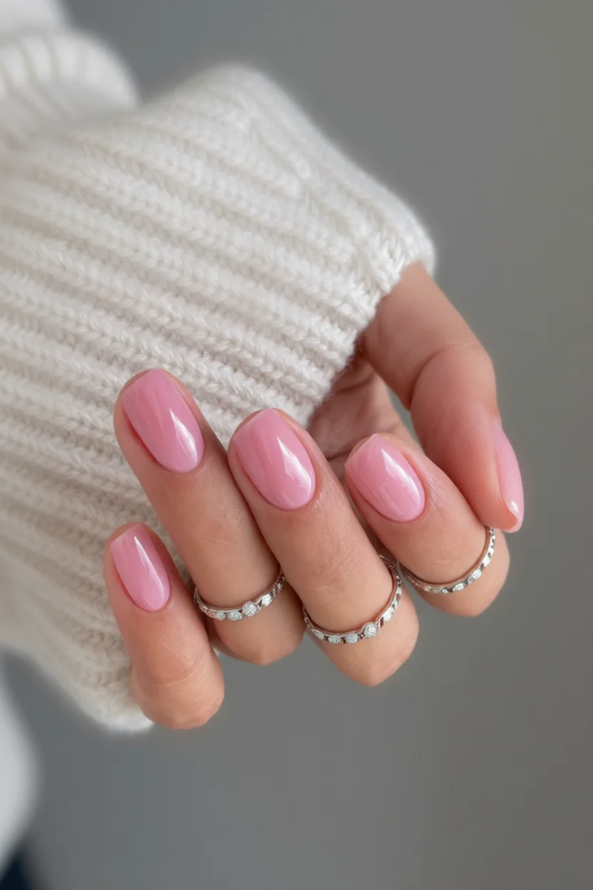 Mano con uñas ovaladas rosadas brillante y anillos de diamantes