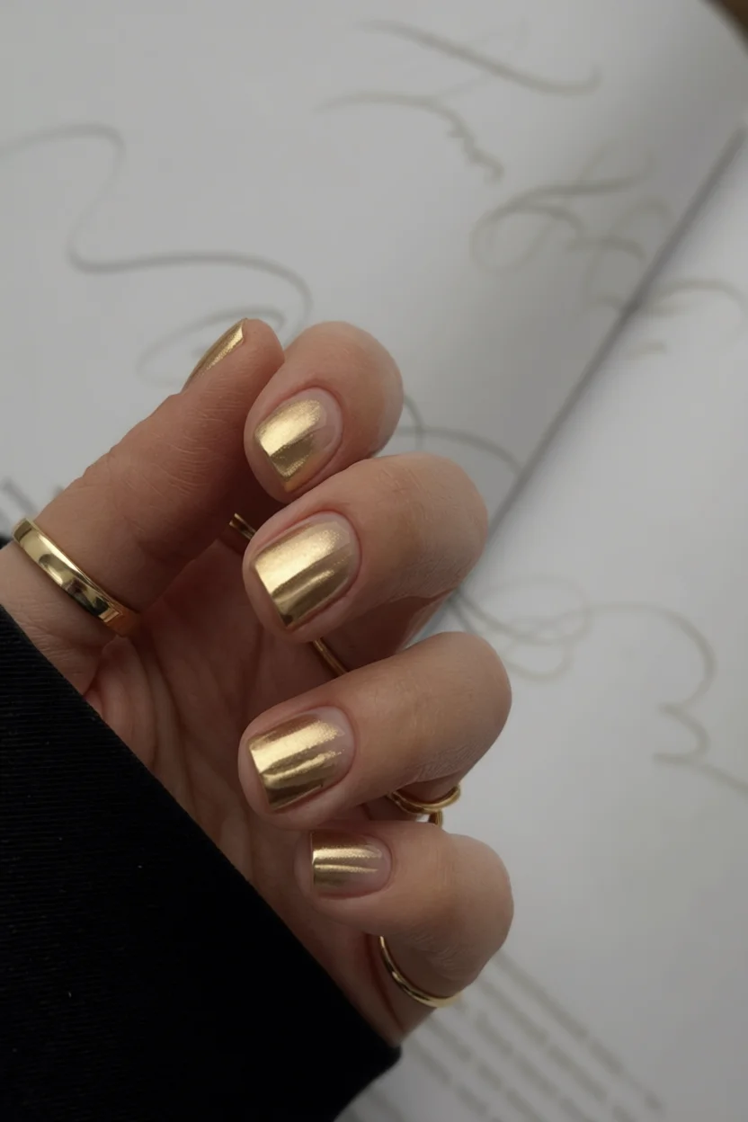 Mano con uñas cortas cuadradas pintadas en dorado metálico brillante y anillos dorados