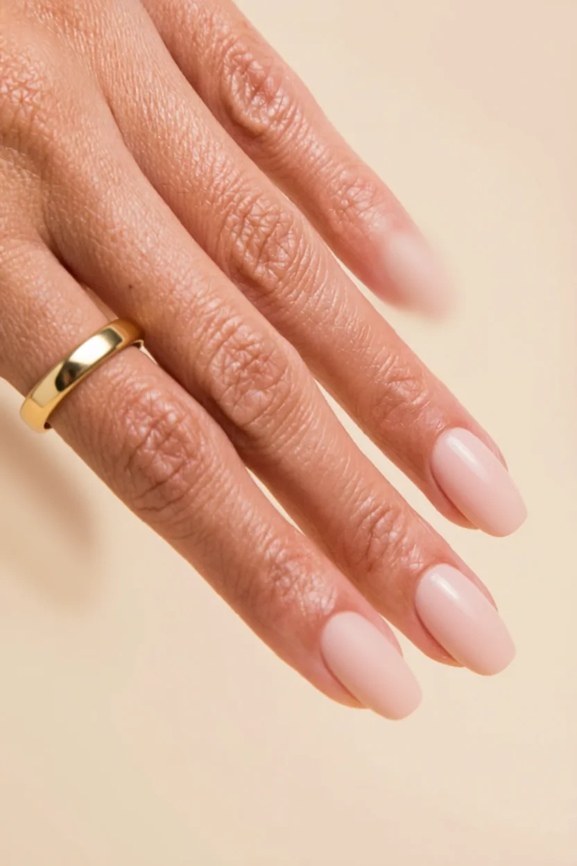 Mano con uñas ovaladas en tono nude brillante y anillo de oro