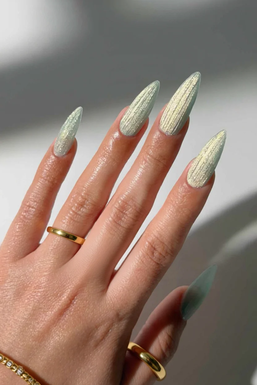 Mano con uñas largas en forma de estilete con diseño iridiscente en tonos verde agua y blanco perlado