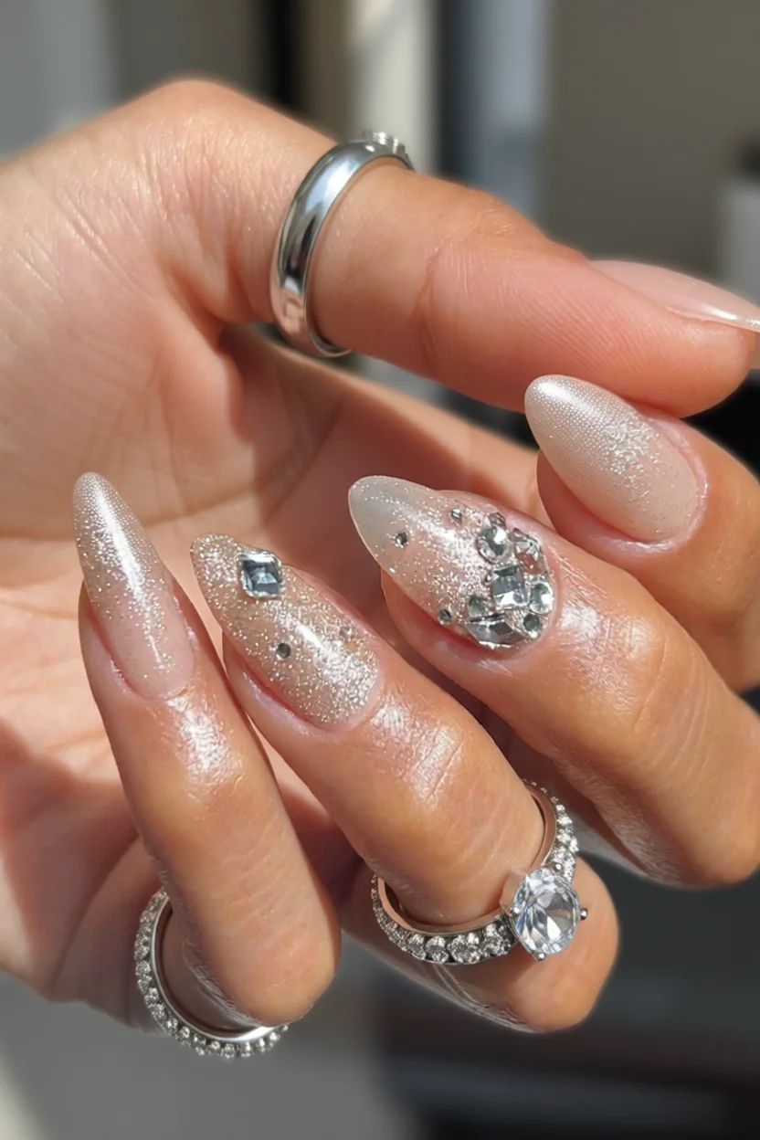 Uñas almendradas largas con acabado glitter champagne y cristales decorados en tono nude