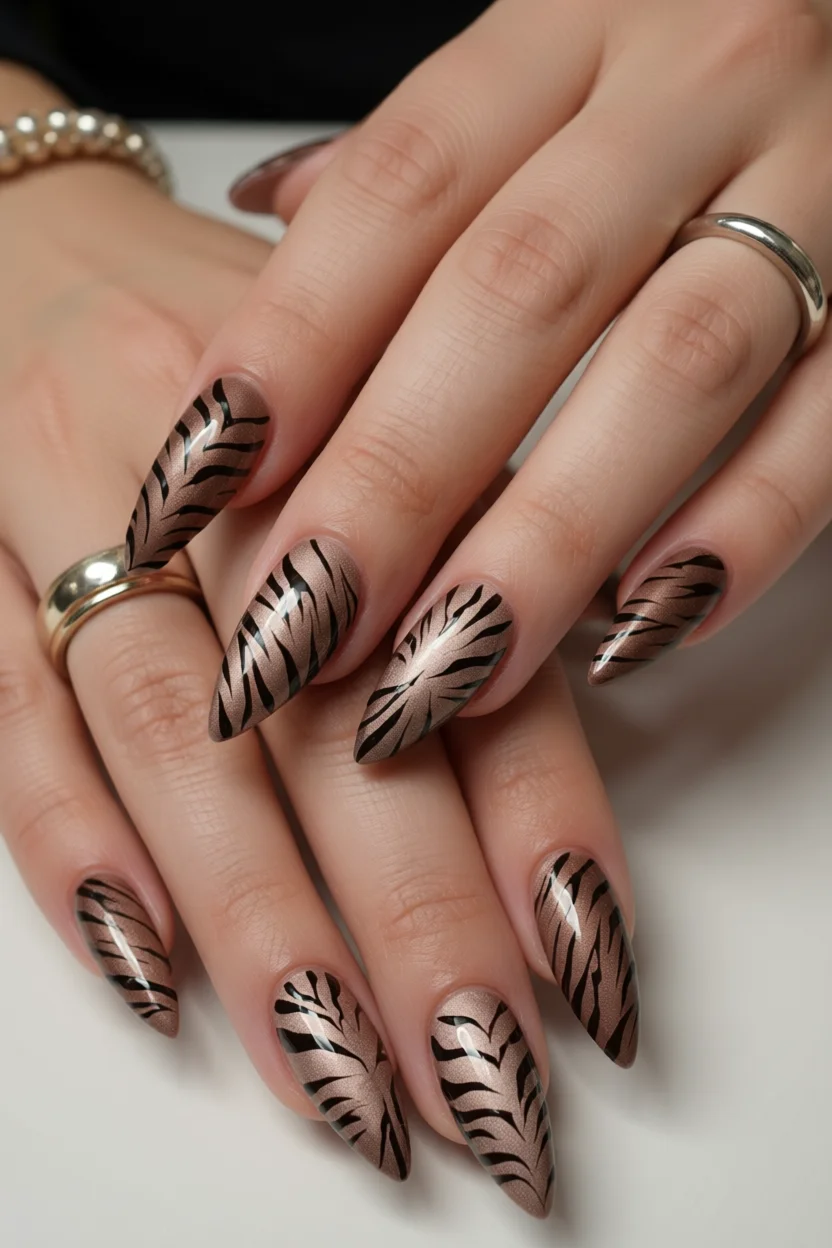 Uñas estileta largas con diseño de rayas de zebra en tono cobre metálico