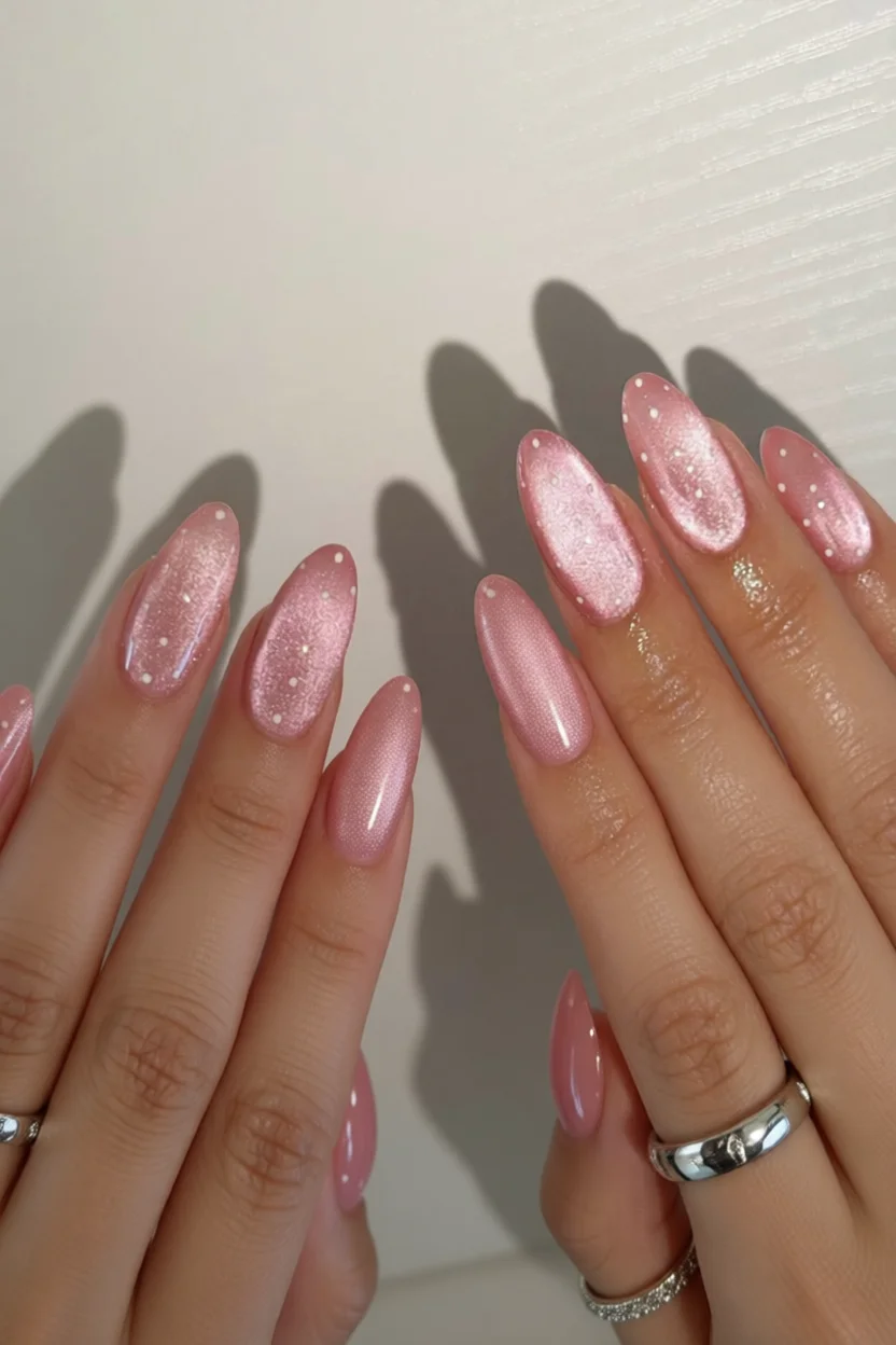 Uñas almendradas color rosa con efecto shimmery y puntos brillantes blancos