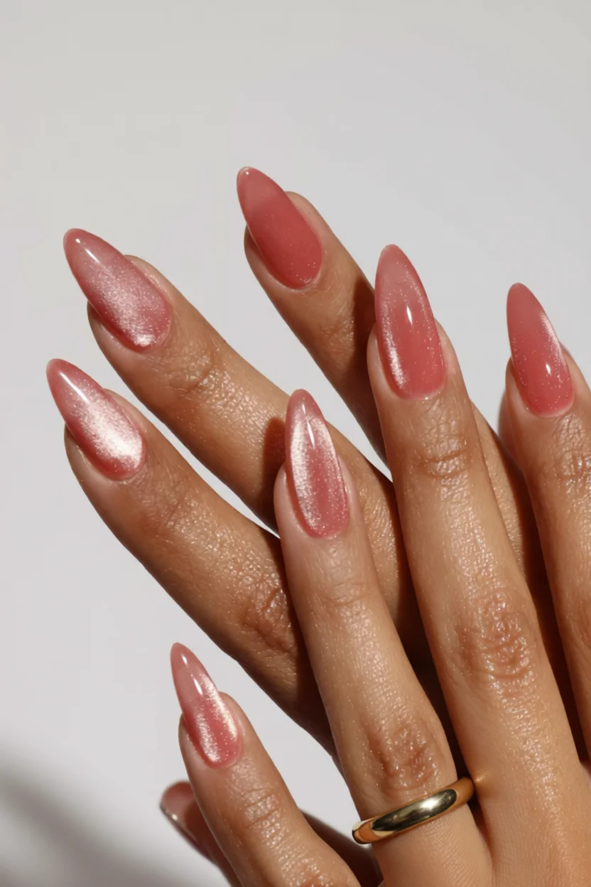 Uñas largas forma almendra con esmalte rosa perlado brillante