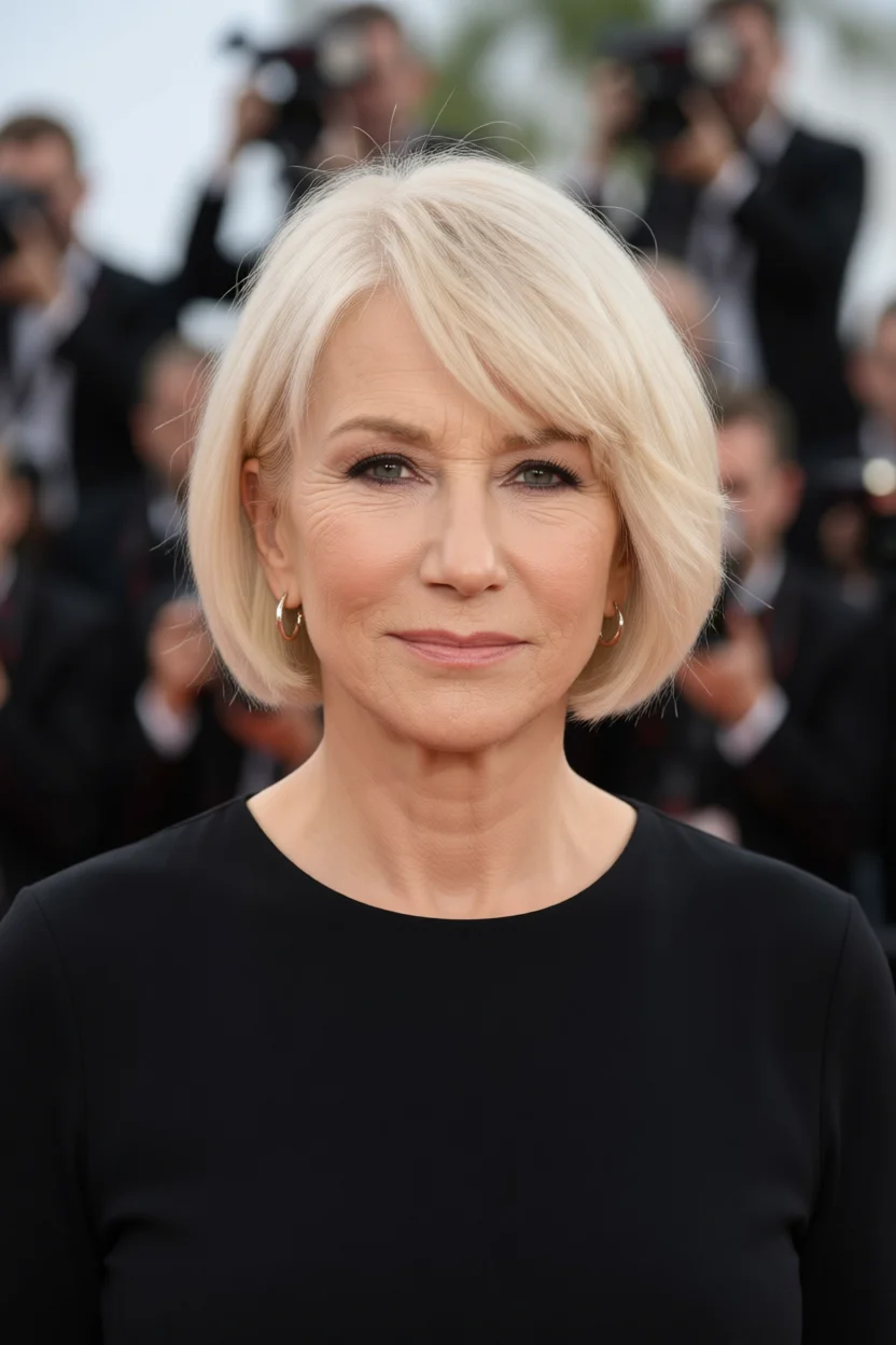 Helen Mirren con corte bob corto rubio platino y flequillo lateral