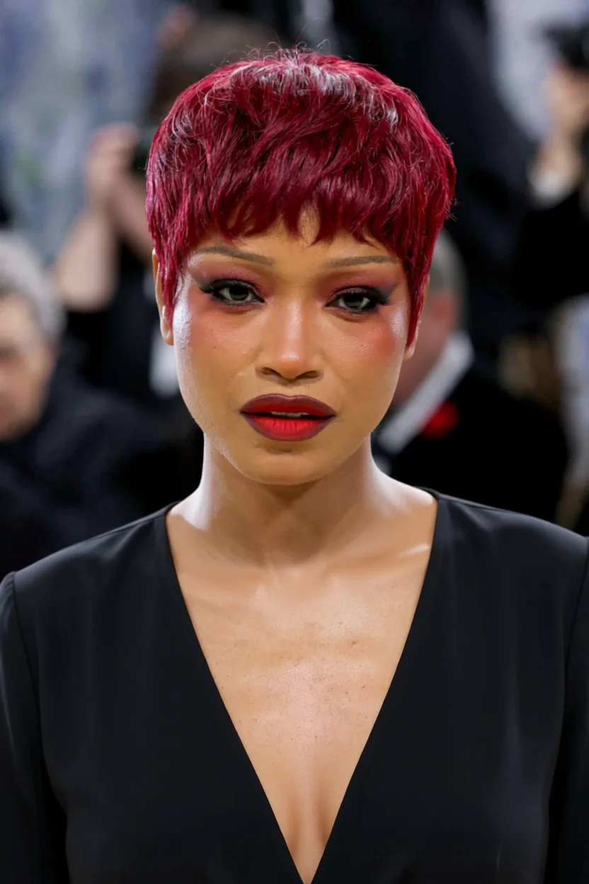 Mujer con corte pixie rizado en tono rojo intenso y flequillo texturizado