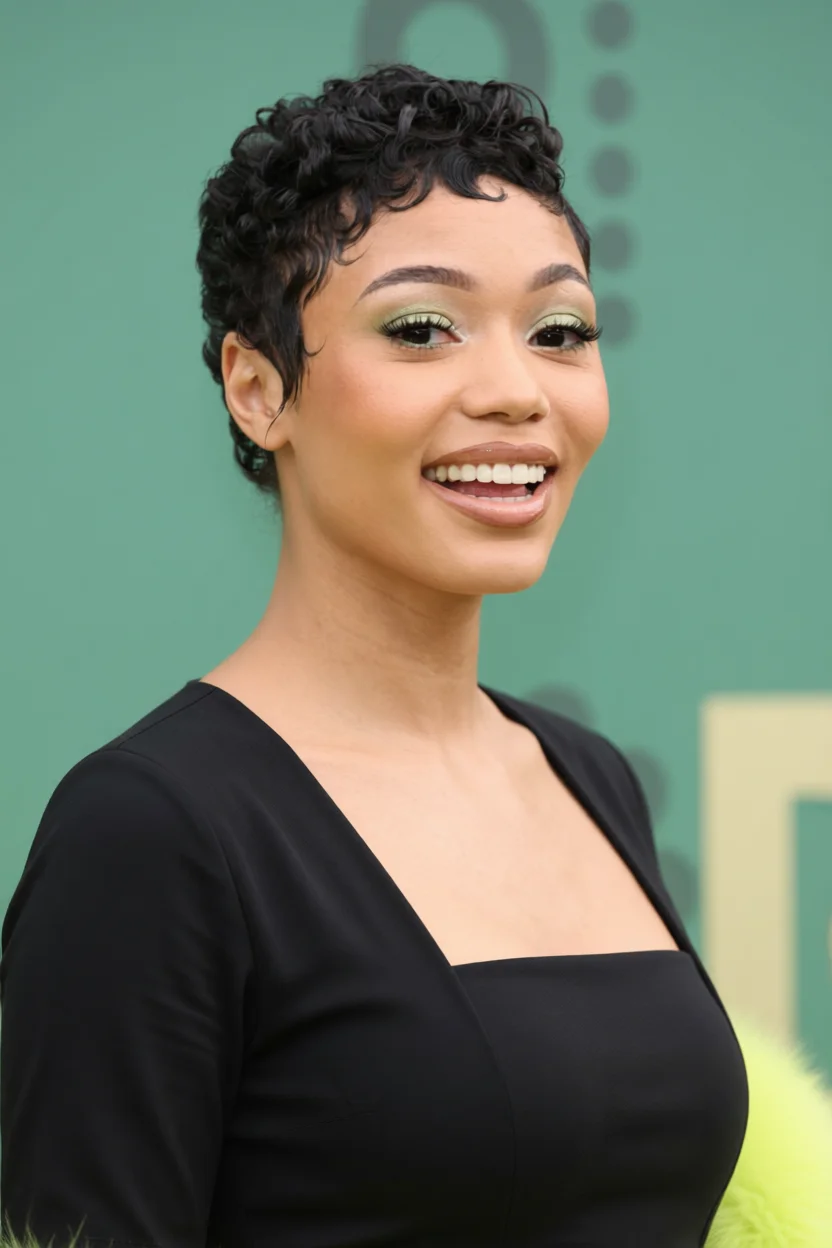 Mujer sonriente con corte pixie rizado corto negro