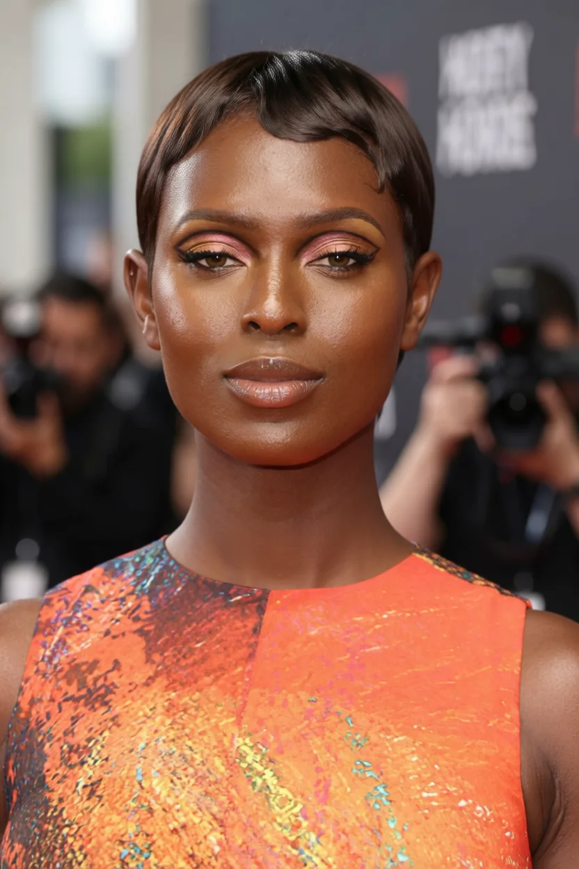 Mujer con corte pixie corto y liso, peinado elegante y moderno