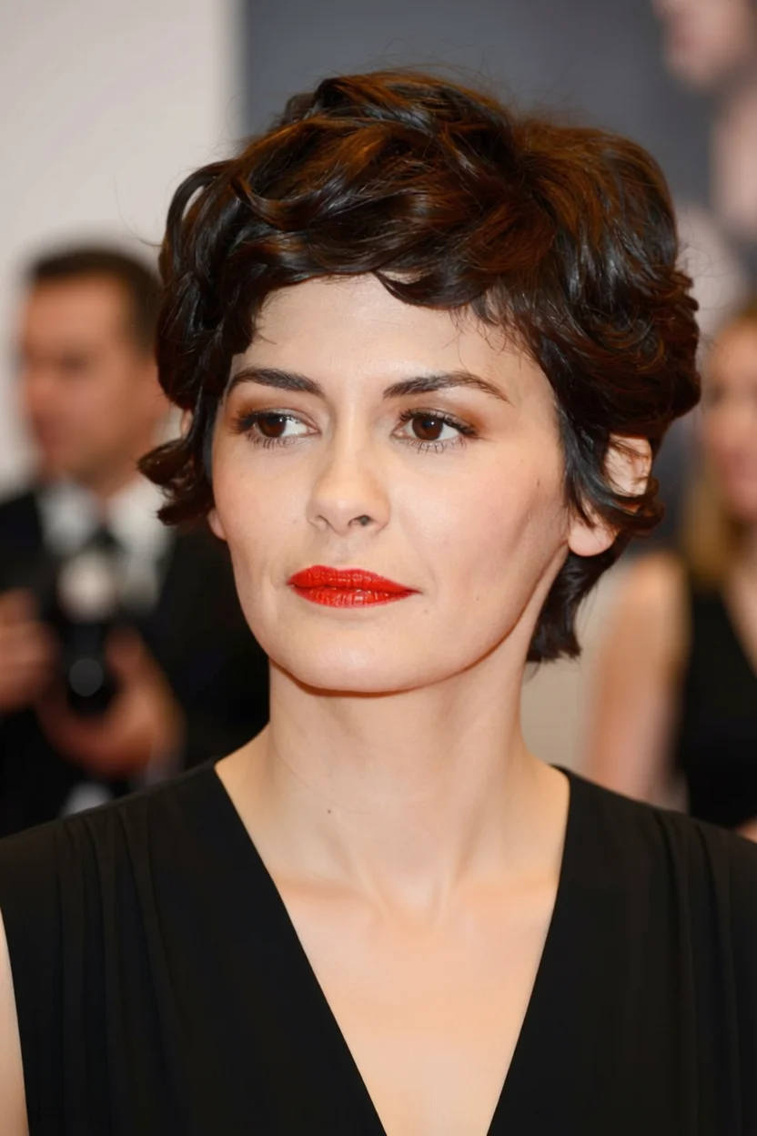 Mujer con corte pixie rizado corto, ondas definidas y volumen en la parte superior
