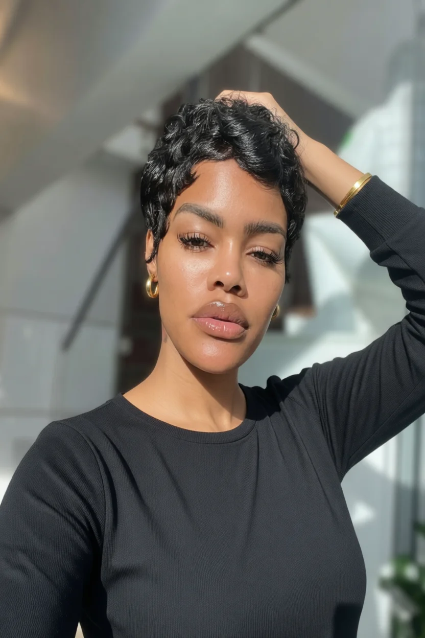 Mujer con corte pixie rizado corto negro tocándose el cabello