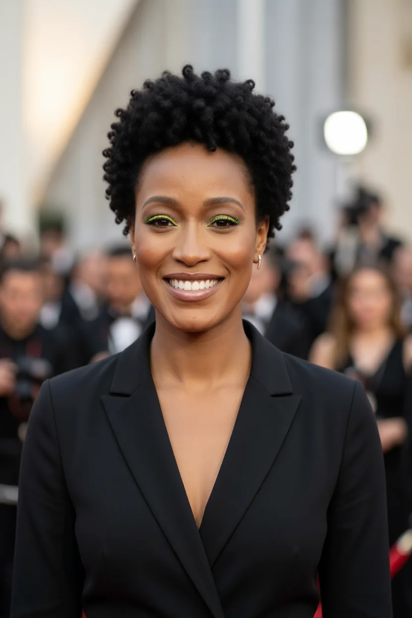 Mujer sonriente con corte de pelo pixie rizado corto y delineador verde