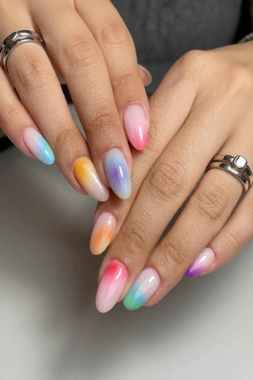 Uñas ovaladas con efecto aura en degradado de colores pastel