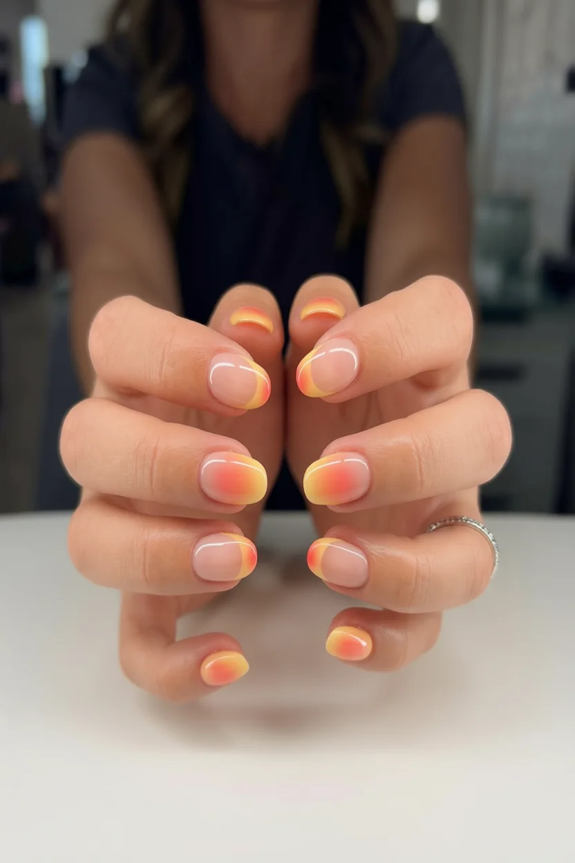 Uñas cortas con efecto aura en degradado de melocotón a amarillo sobre base natural