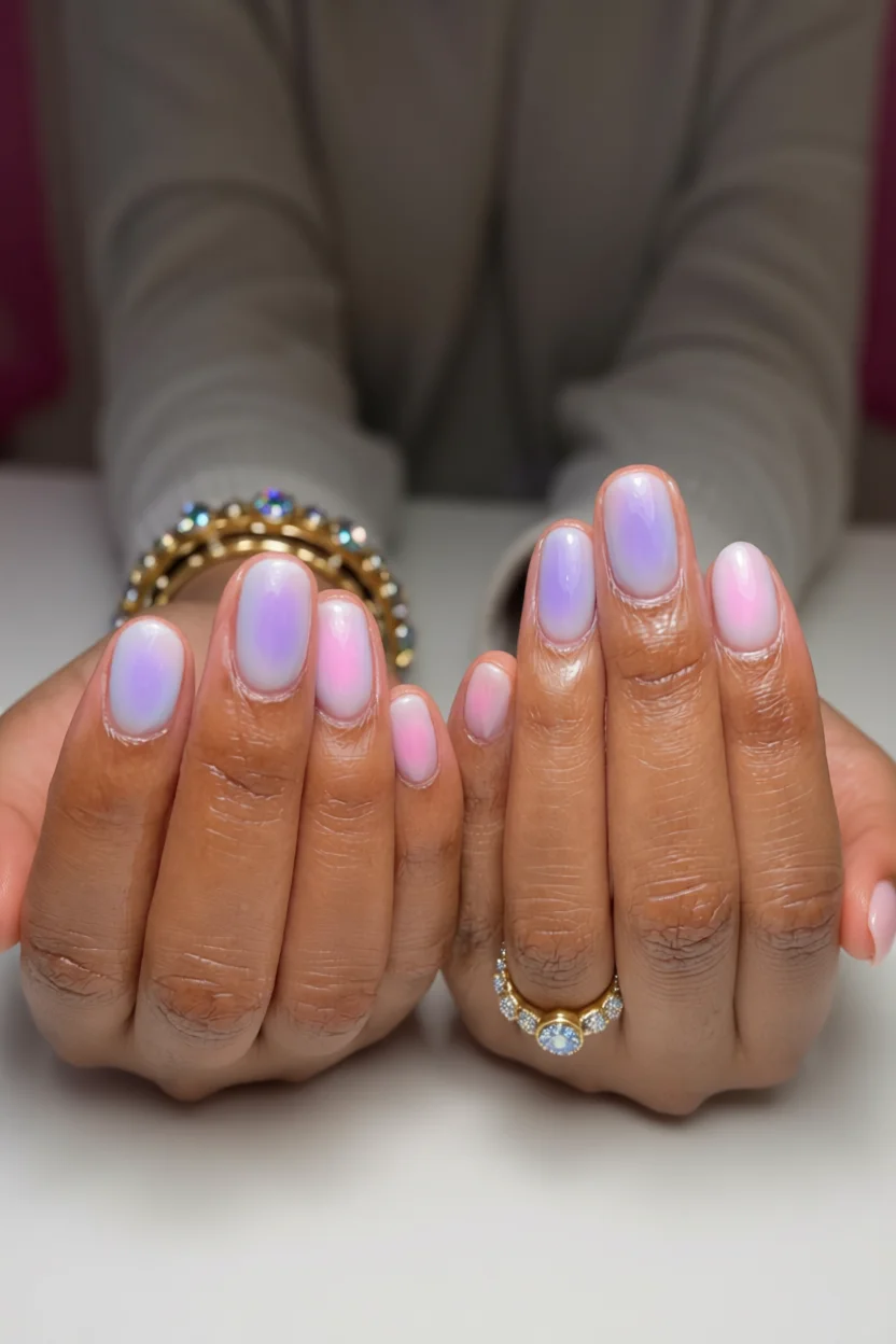 Uñas en forma almendrada con efecto aura degradado de lavanda a rosa pastel