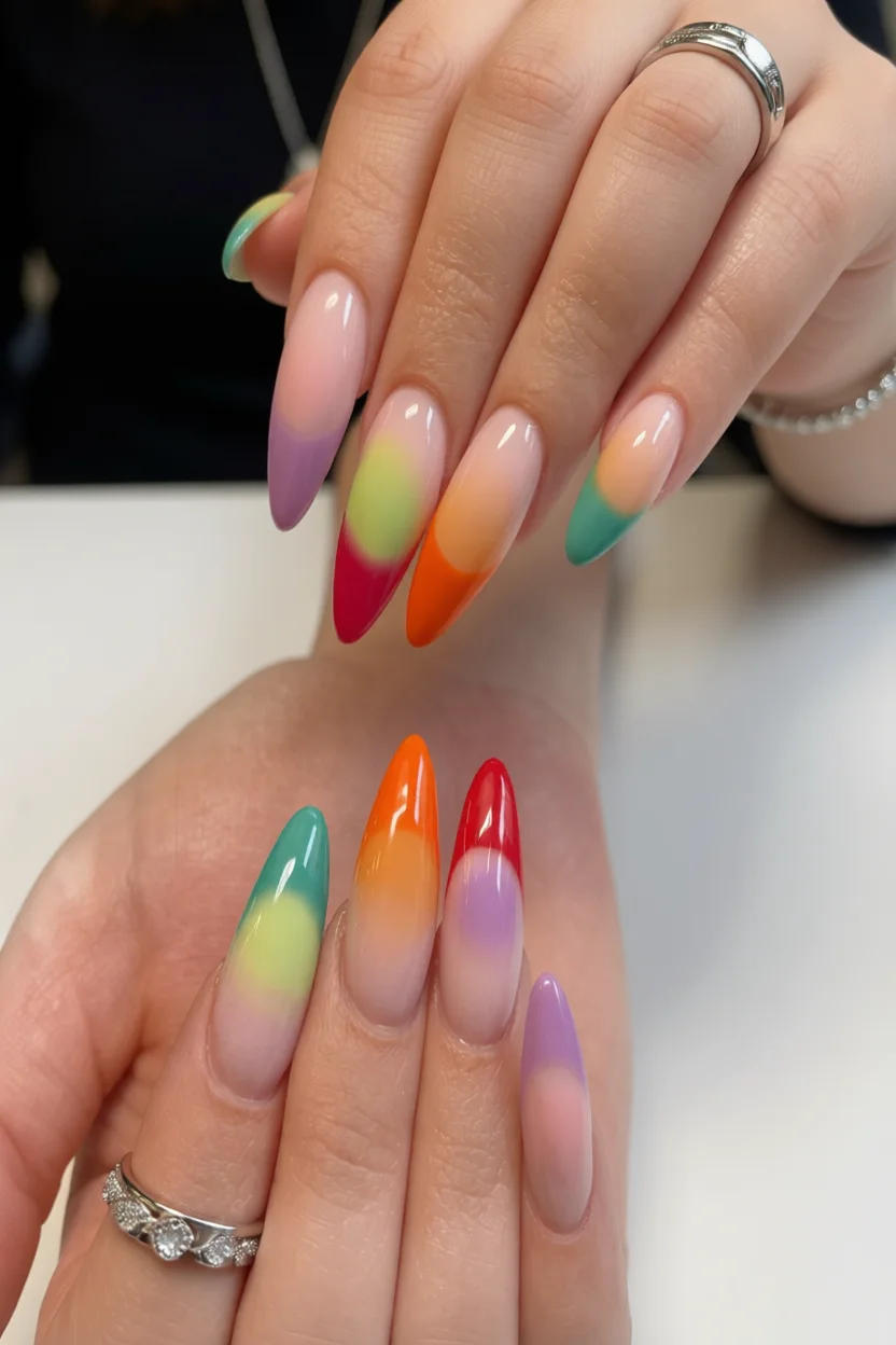 Manos con uñas largas estilizadas efecto aura en colores vibrantes degradados