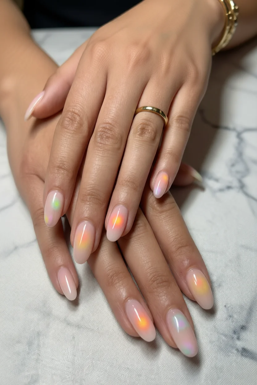 Uñas ovaladas con efecto aura en degradado de colores pastel iridiscentes