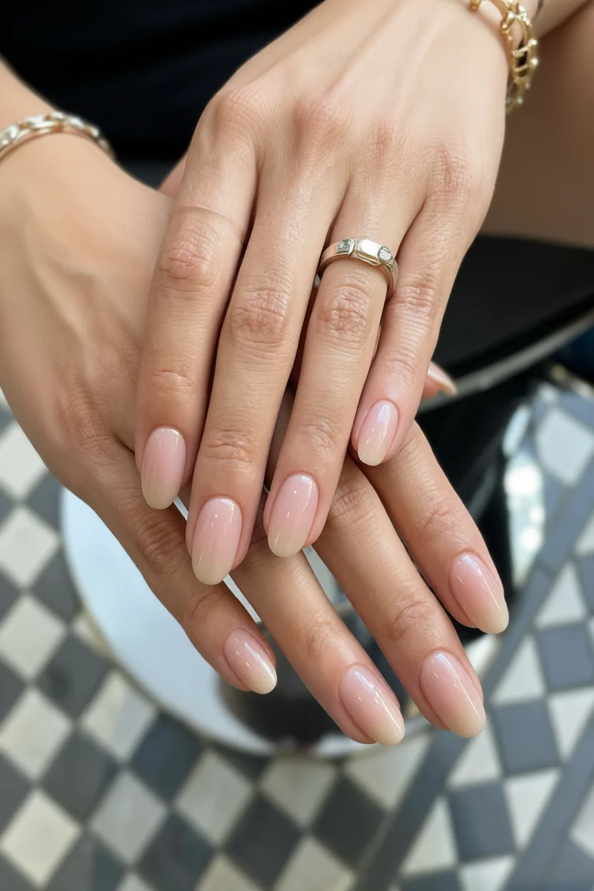 Mano femenina con manicura aura en degradado suave de nude a blanco en uñas ovaladas