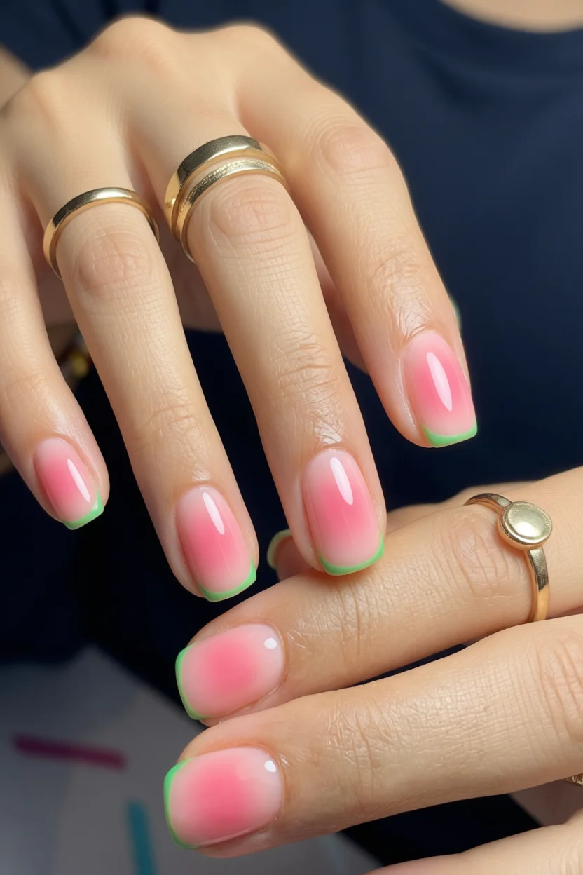 Uñas cortas cuadradas con degradado rosa y borde verde