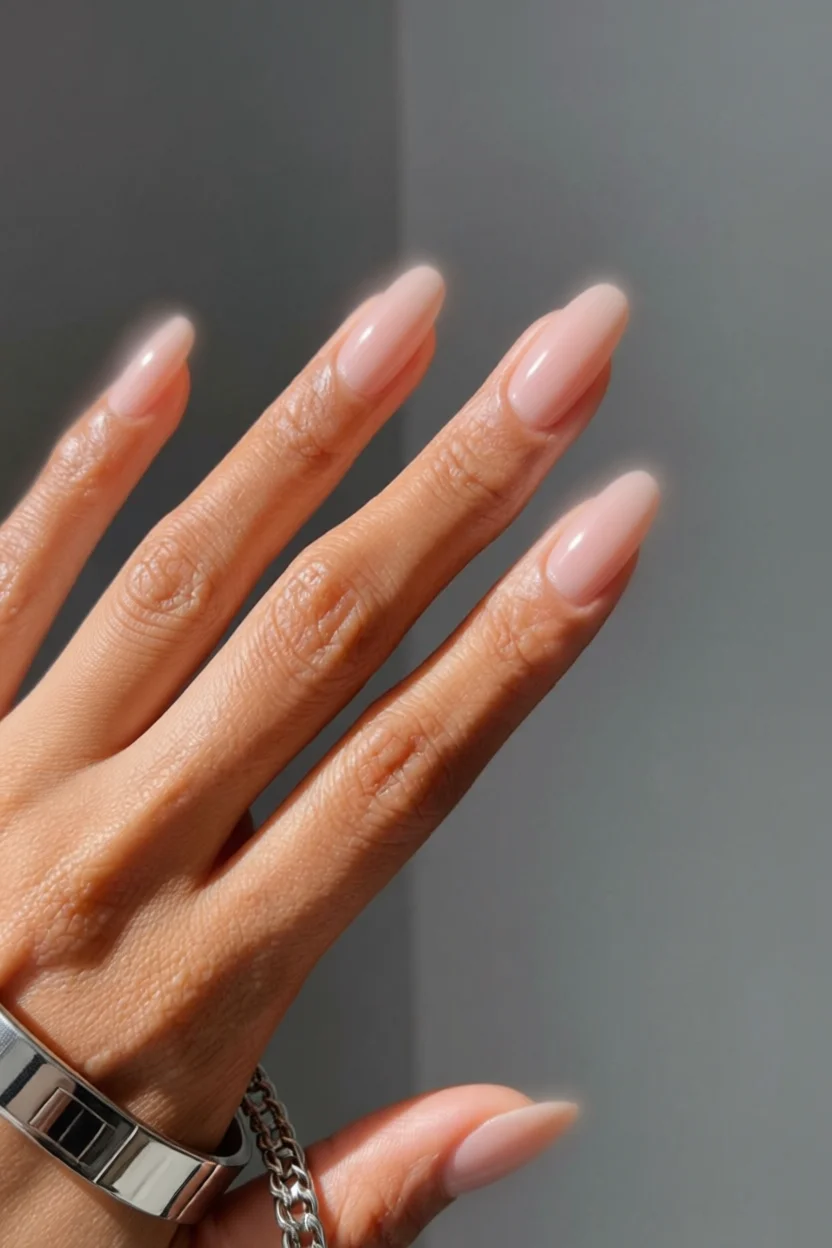 Mano con uñas alargadas en forma almendra y efecto aura rosa nude brillante