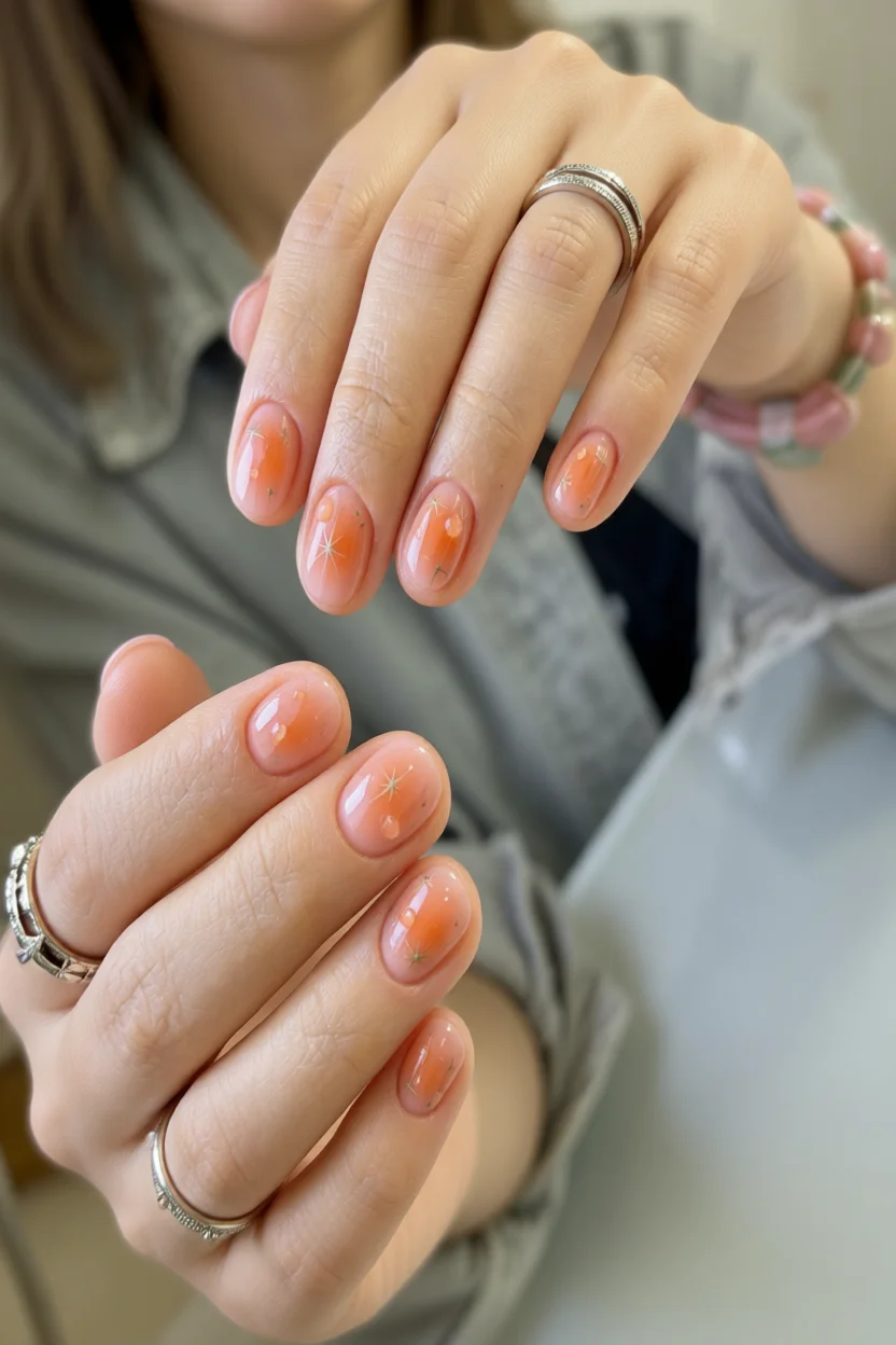 Uñas con efecto aura en tono naranja salmón y detalles de estrellas brillantes