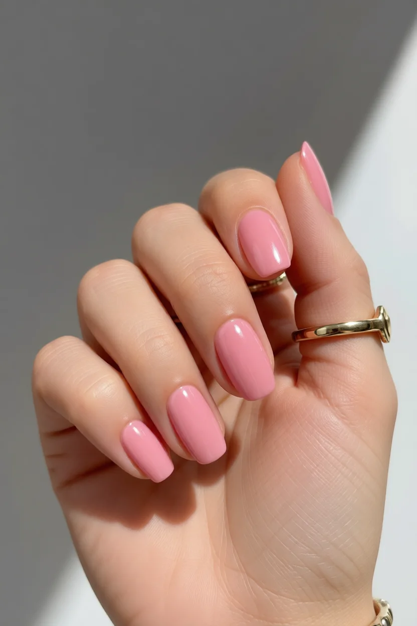 Uñas ovaladas en rosa jelly translúcido con brillo intenso