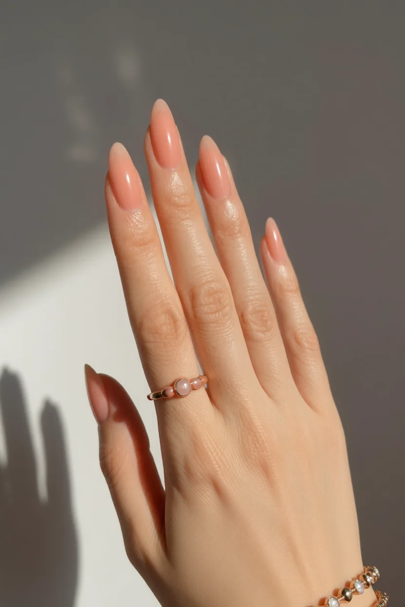 Mano con uñas jelly forma almendra color melocotón translúcido