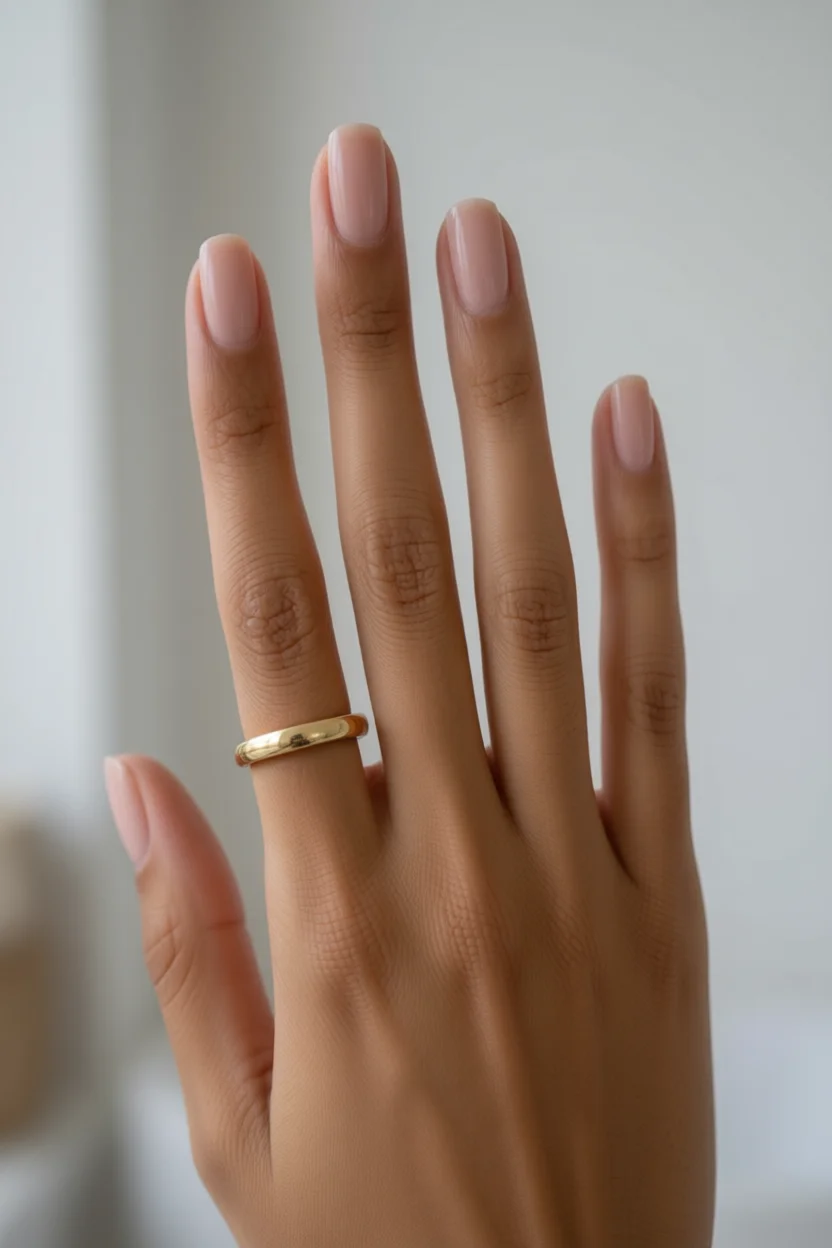 Mano con uñas medio largas en tono nude rosado efecto gelatina translúcido y anillo dorado