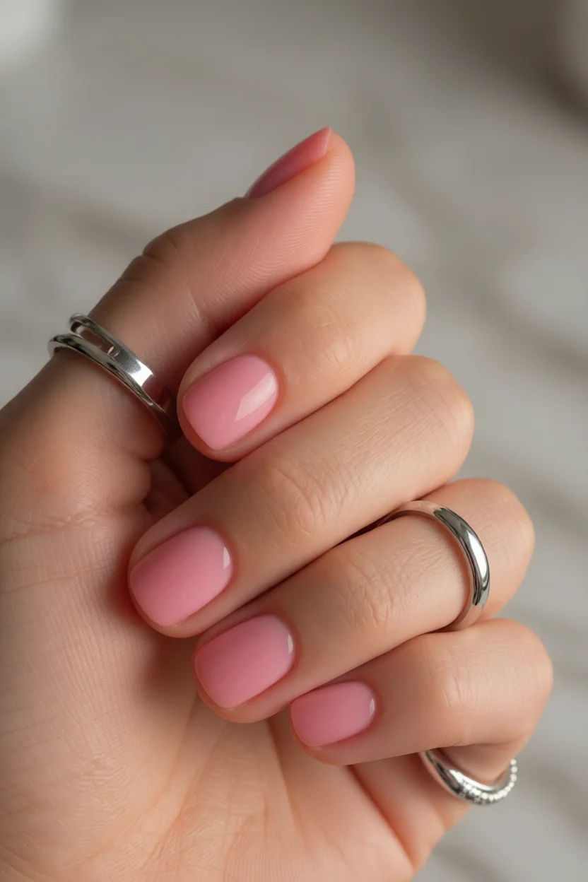 Uñas cortas con esmalte rosa efecto gelatina translúcido y brillo suave