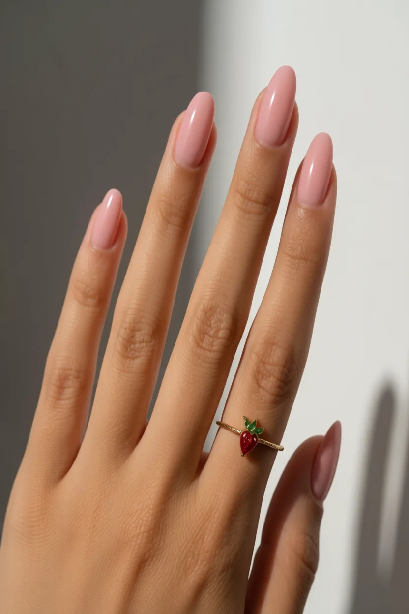 Mano con uñas largas en forma de almendra con esmalte rosa jelly translúcido y brillo intenso, luciendo un delicado anillo de fresa