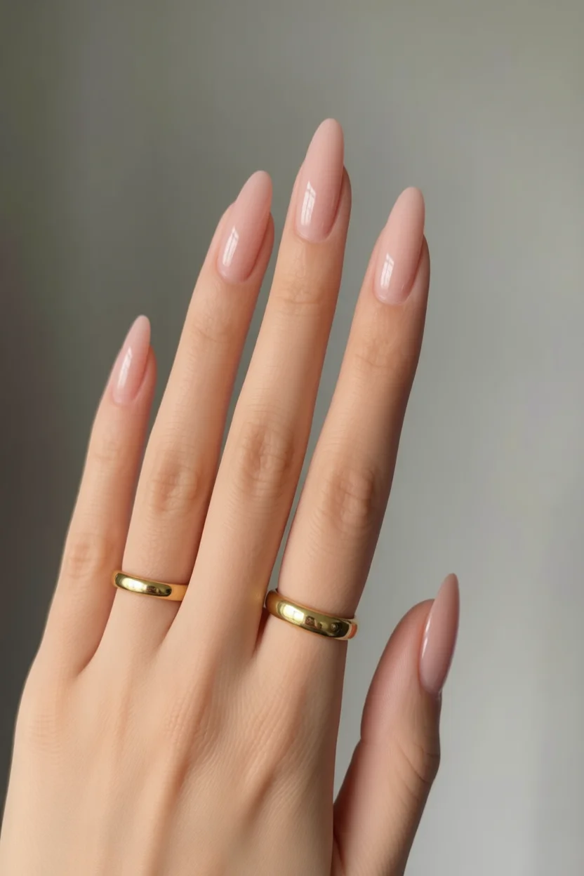 Uñas jelly nude en forma almendra con efecto traslúcido