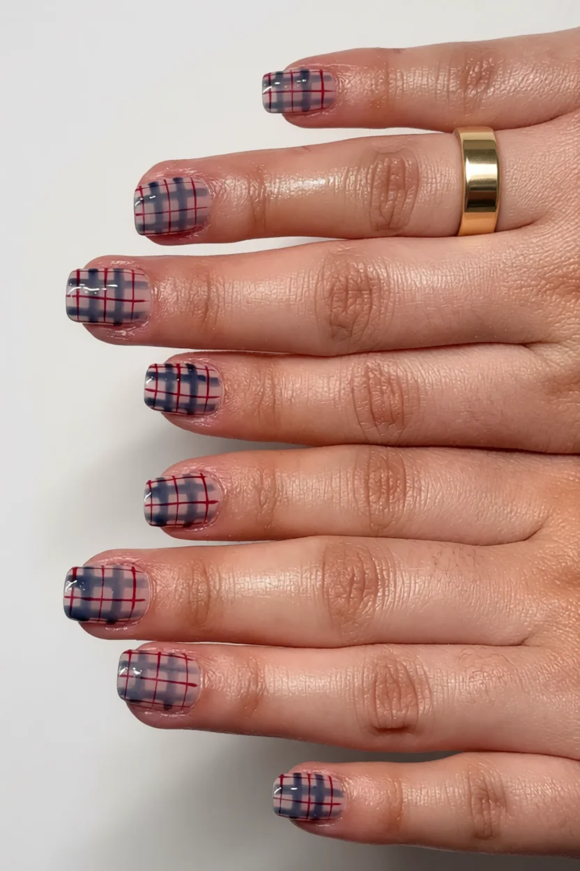 Mano con uñas cortas cuadradas en efecto gelatina transparente y diseño de cuadros rojos y azules