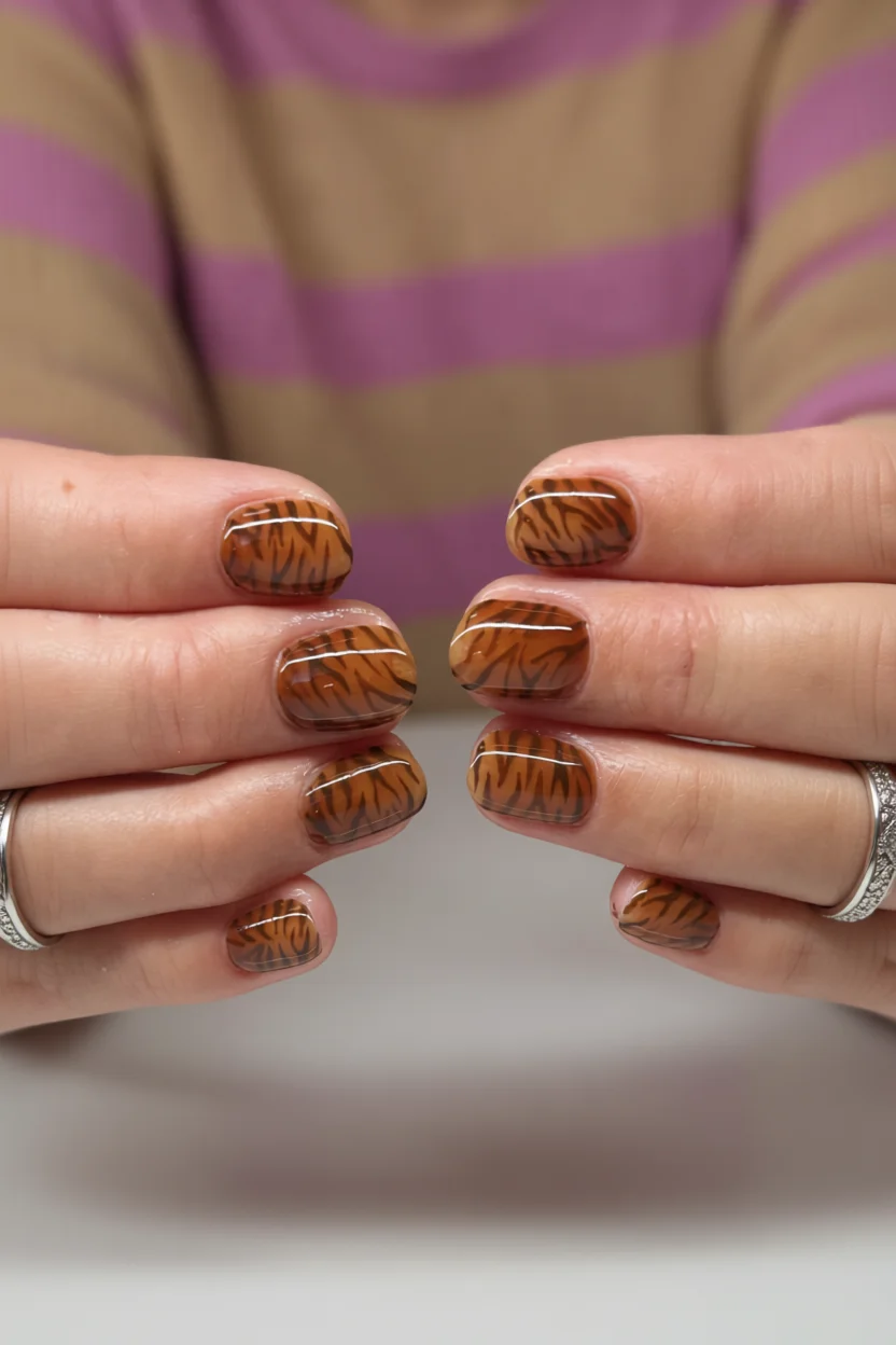 Uñas cortas con efecto gelatina translúcido y estampado de rayas de tigre en tonos naranjas y marrones
