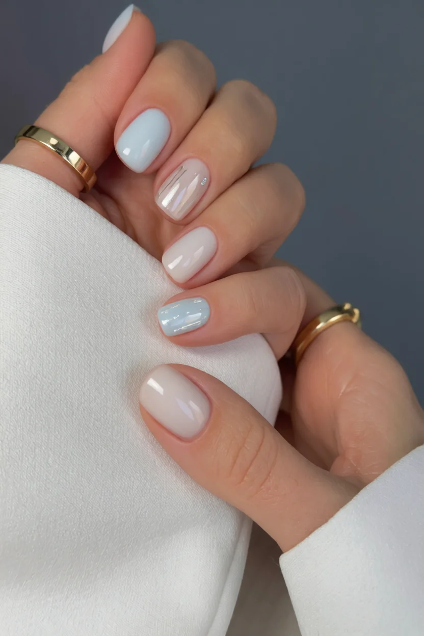 Mano con uñas cortas ovaladas efecto gelatina en azul pastel y blanco lechoso