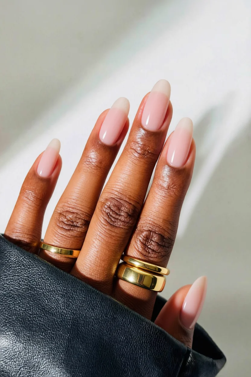 Uñas ovaladas en forma almendra con efecto jelly en tono rosa translúcido brillante