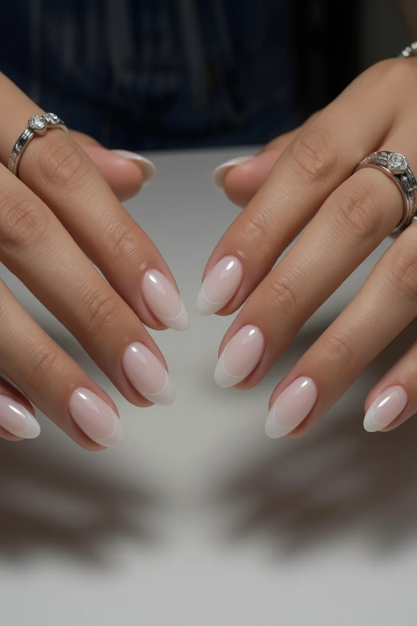 Uñas ovaladas con acabado jelly en tono nude rosado y puntas blancas