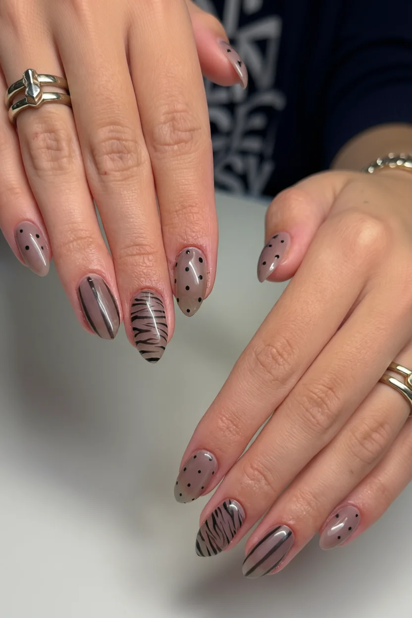 Uñas almendradas efecto jelly translúcido con diseños de lunares negros, estampado de cebra y rayas metálicas