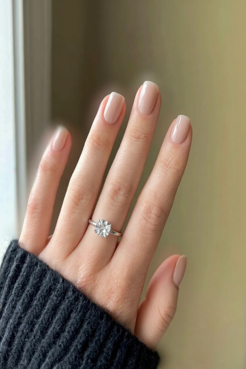 Mano con uñas cortas redondeadas esmaltadas en tono nude transparente efecto jarabe y anillo de diamante