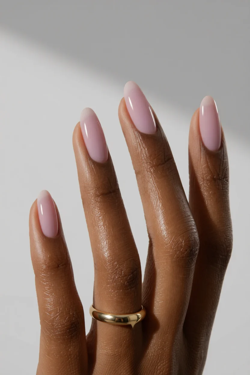 Mano con uñas almendradas color rosa pastel brillante