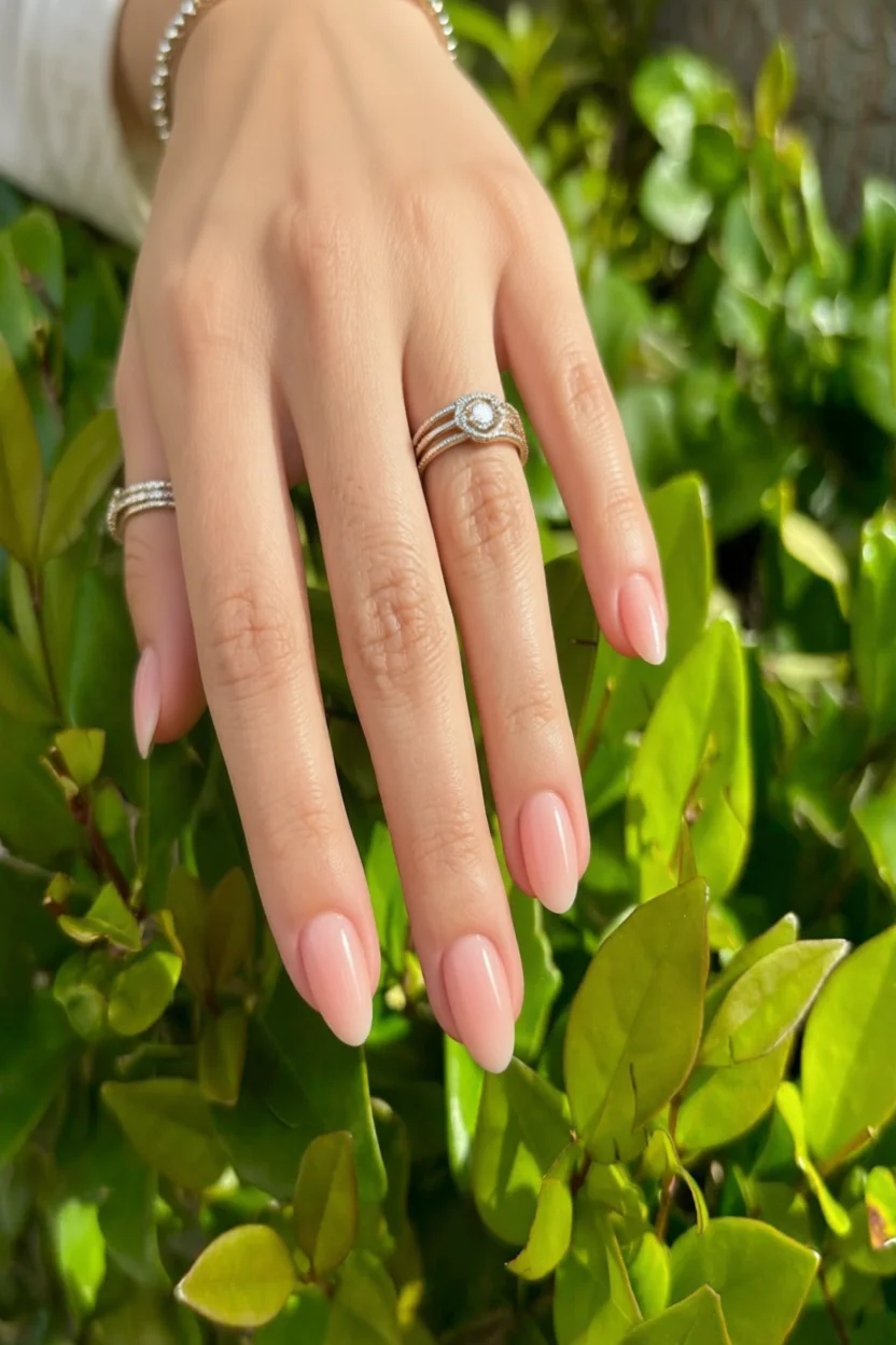 Mano con uñas almendradas en esmalte rosa transparente estilo syrup