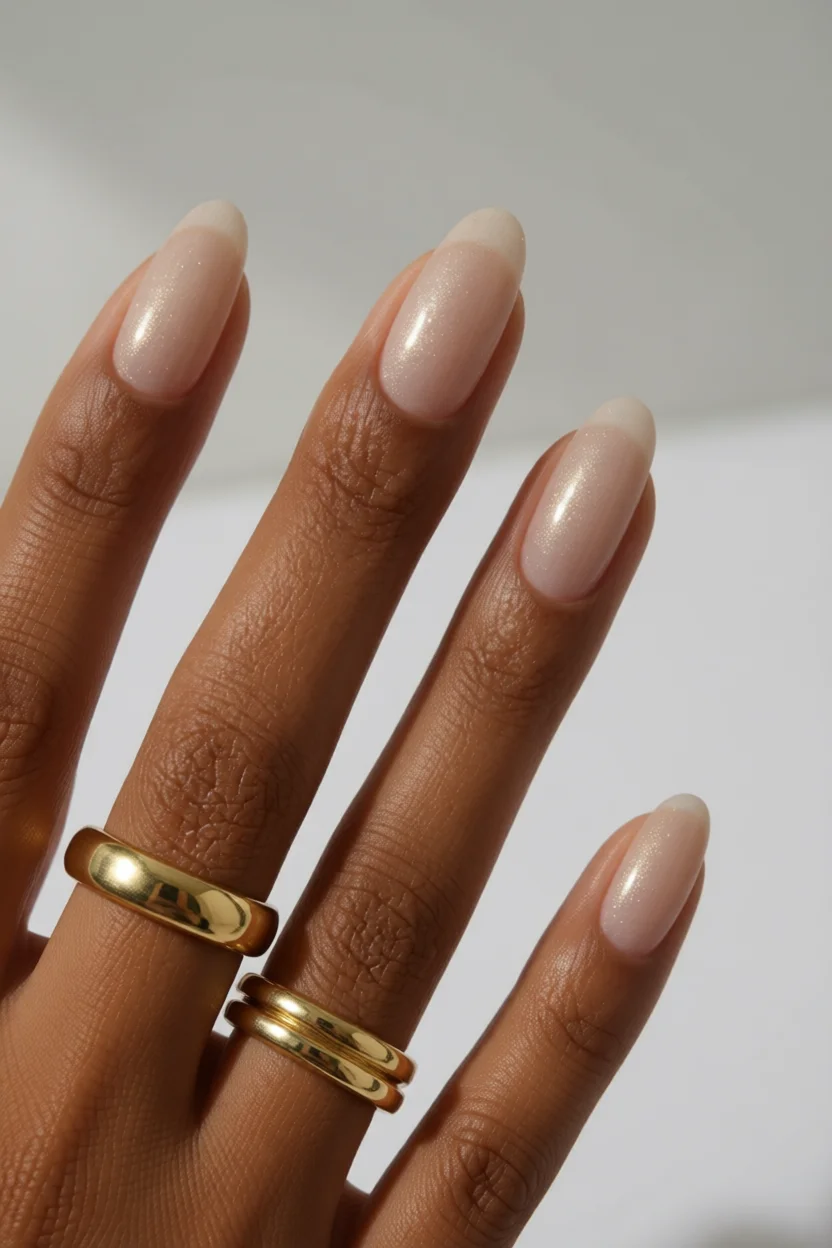Uñas ovaladas con acabado syrup traslúcido y brillo iridiscente