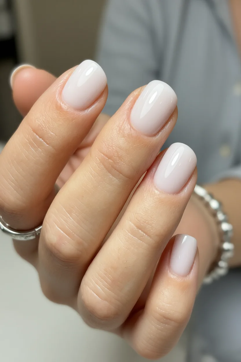 Mano con uñas cortas redondeadas pintadas en tono lechoso translúcido y brillo intenso