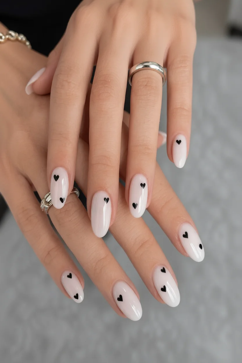 Uñas ovaladas con base lechosa y corazones negros minimalistas