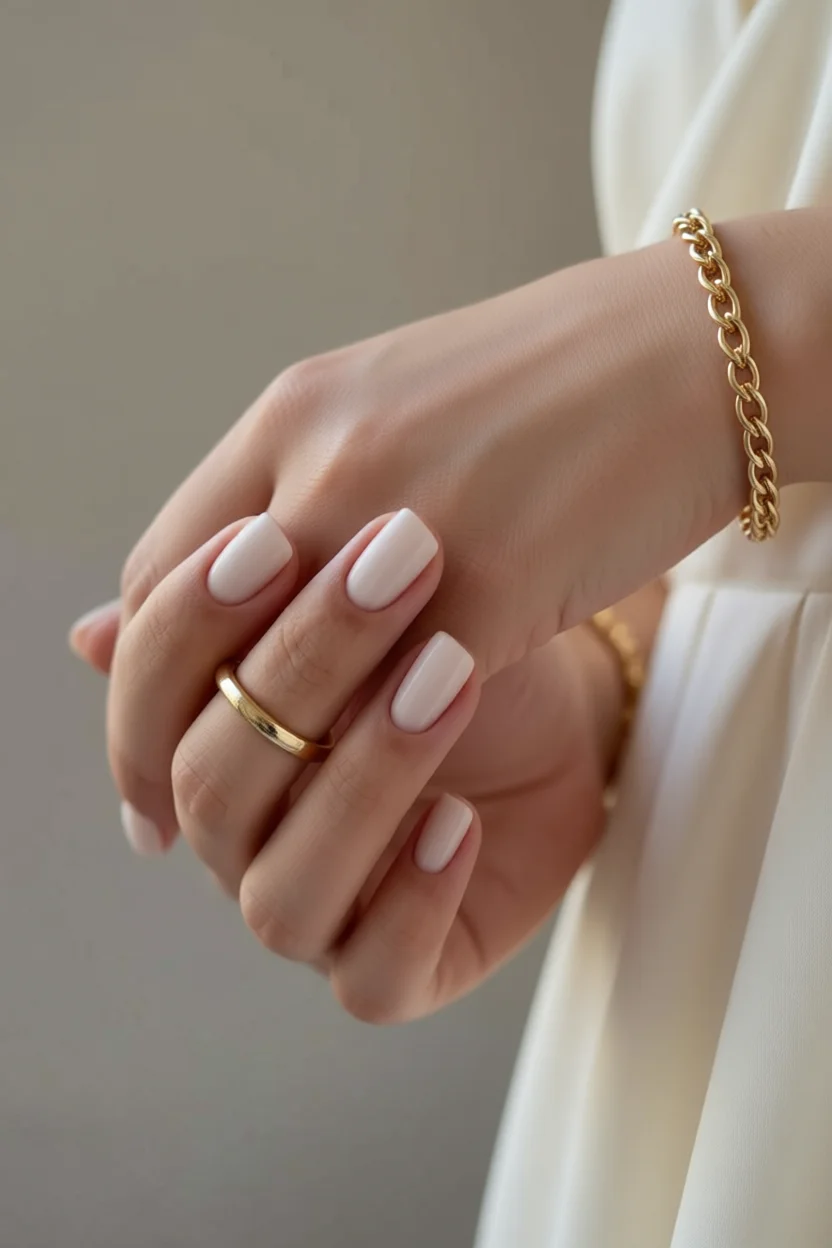 Uñas cortas ovaladas con esmaltado efecto lechoso color crema y brillo sutil