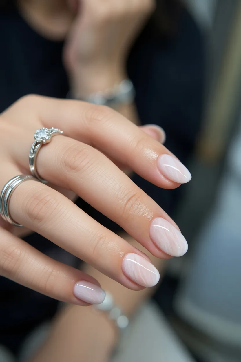 Uñas almendradas con efecto milky mármol en tonos rosa y blanco