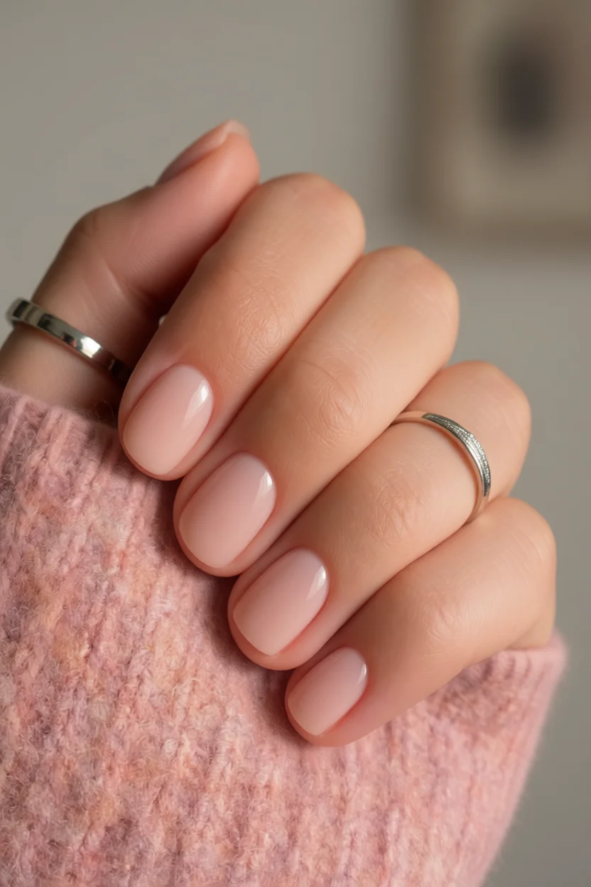 Mano con uñas cortas redondeadas en efecto lechoso nude rosado y dos anillos