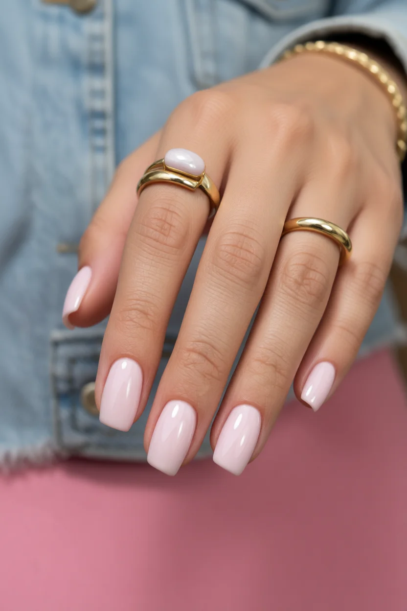 Mano con uñas cortas cuadradas en efecto lechoso rosa pálido y brillo satinado