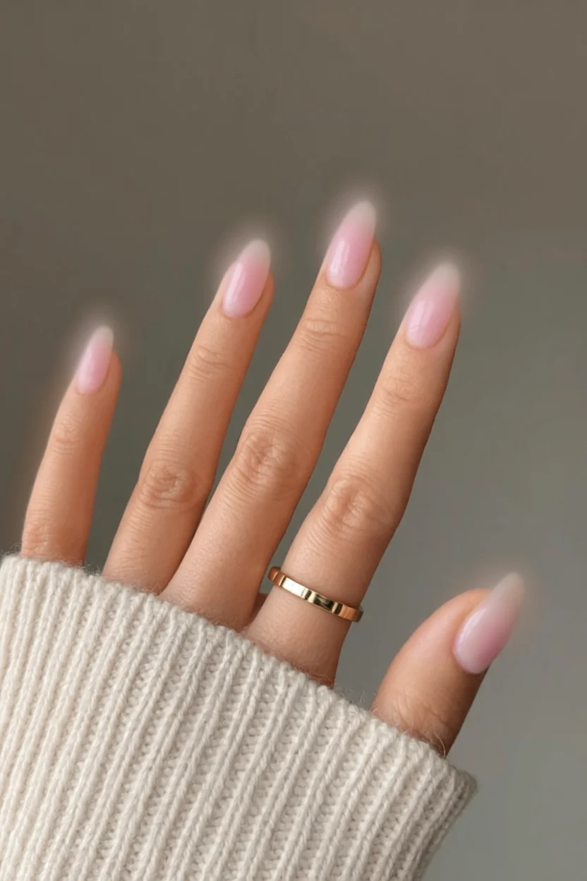 Uñas largas almendradas con efecto milky rosa y degradado