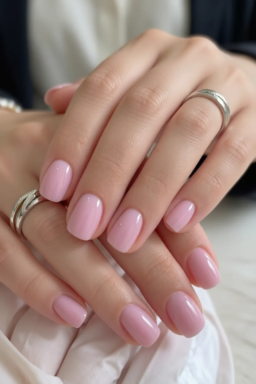 Mano con uñas almendradas barnizadas en color lechoso rosa pastel liso