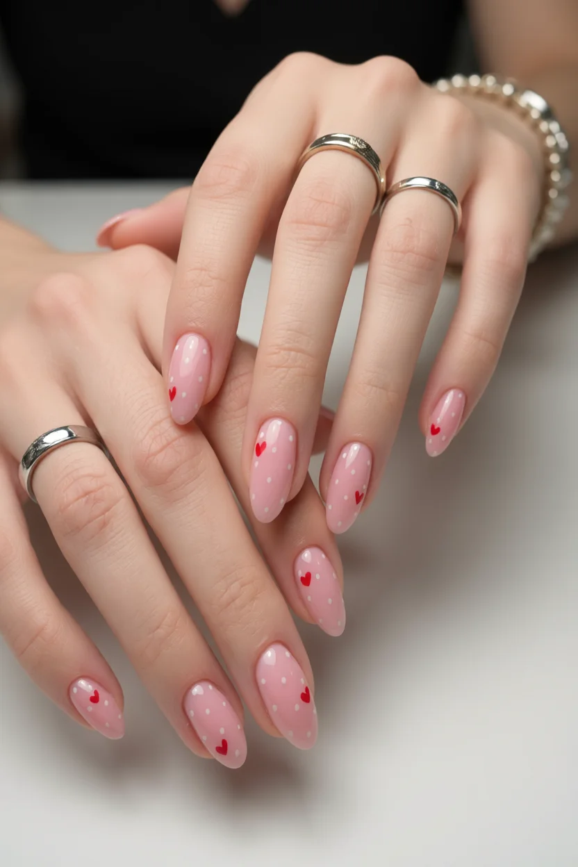 Uñas largas en efecto milky rosa con lunares blancos y corazones rojos