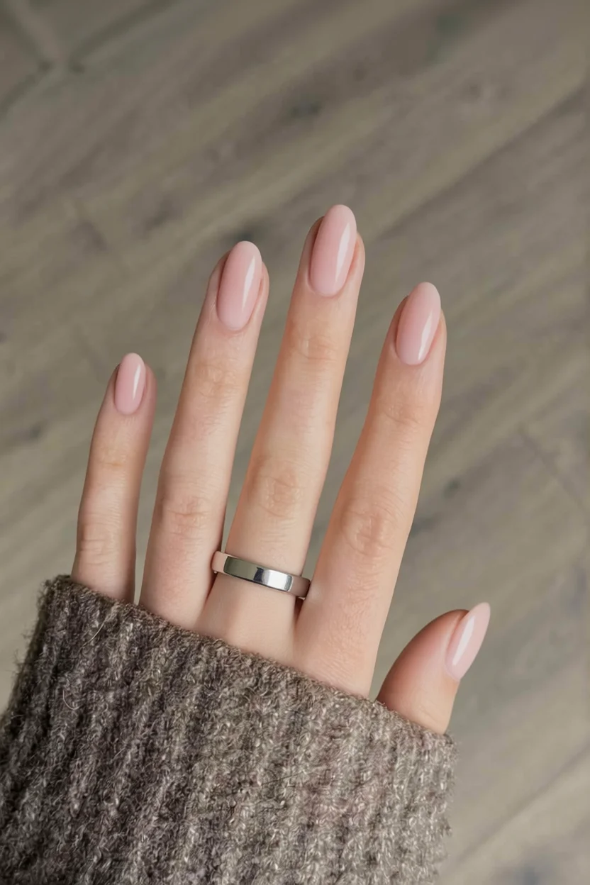 Mano con uñas en forma ovalada pintadas de nude rosado brillante